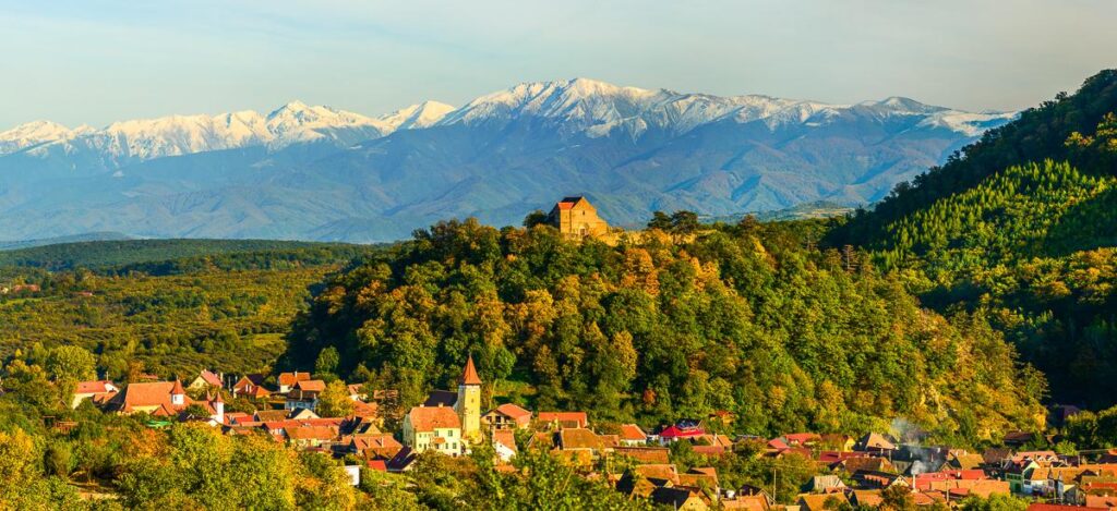 Panorama with Cisnadioara village in Transylvania, Romania
